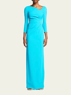 Rickie Freeman For Teri Jon New Asymmetric Neck Column Gown In Turquoise Size 6